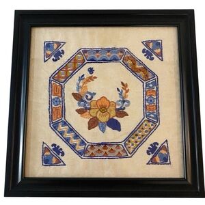 Vintage Crewel Embroidered Linen Blue Floral Wall Hanging Art Framed Under Glass